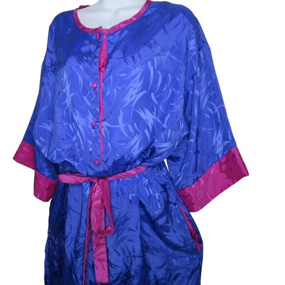 Vintage 80s Jumpsuit Womens Pink Purple Taper Leg Pockets Tie Belt Button Front - Picture 4 of 13